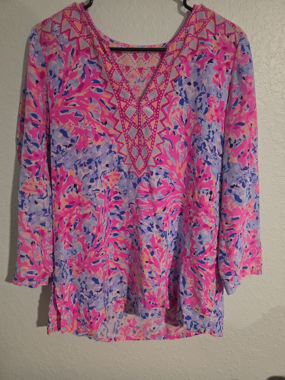 Lilly Pulitzer Pink & Lavender Floral V-Neck Tunic 100% Silk